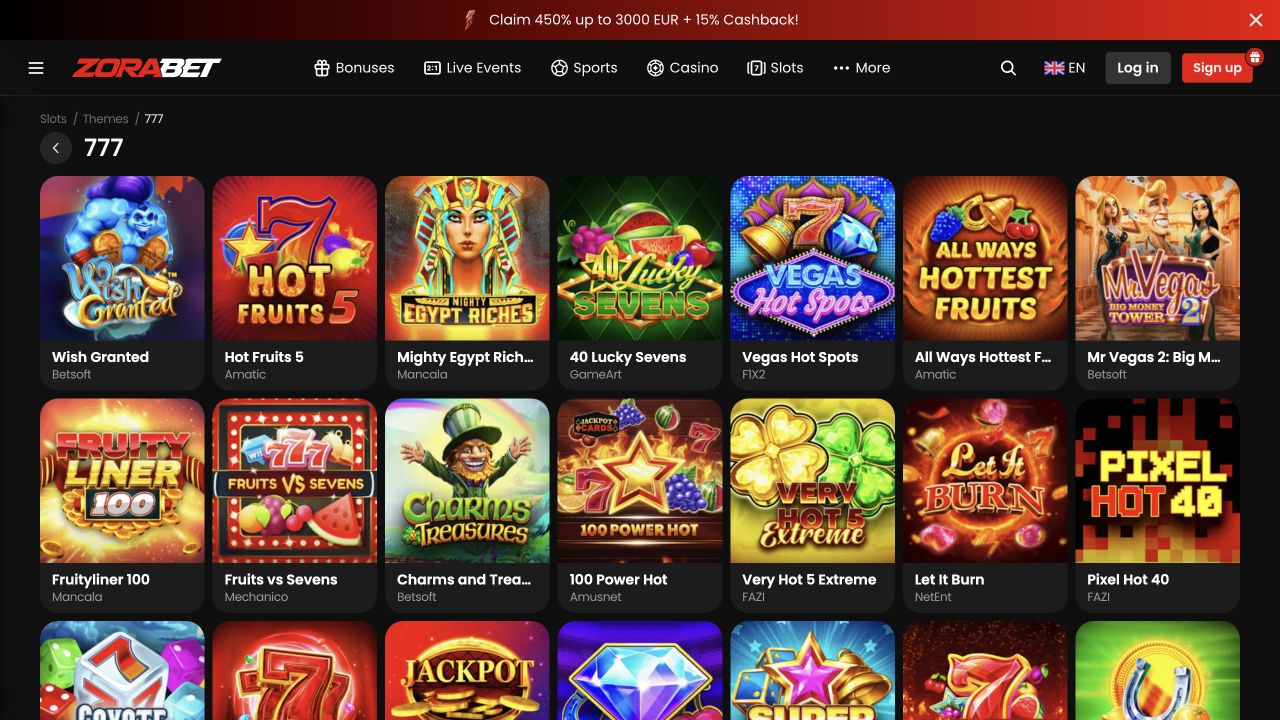 777 · Zora.bet · English interface · captured view, not a played round