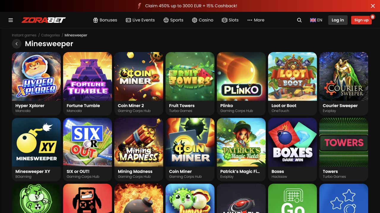 Mines · Zora.bet · English interface · captured view, not a played round