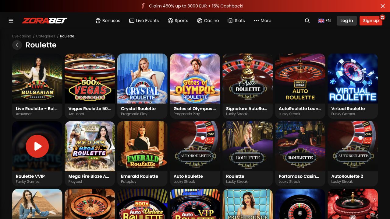Roulette · Zora.bet · English interface · captured view, not a played round